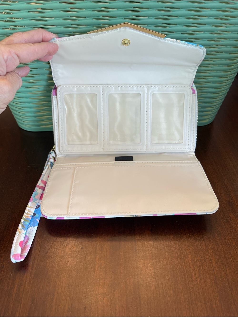 NWT Time and Tru Pink & Blue Floral Wristlet Wallet with Gold Trim - Picture 5 of 9